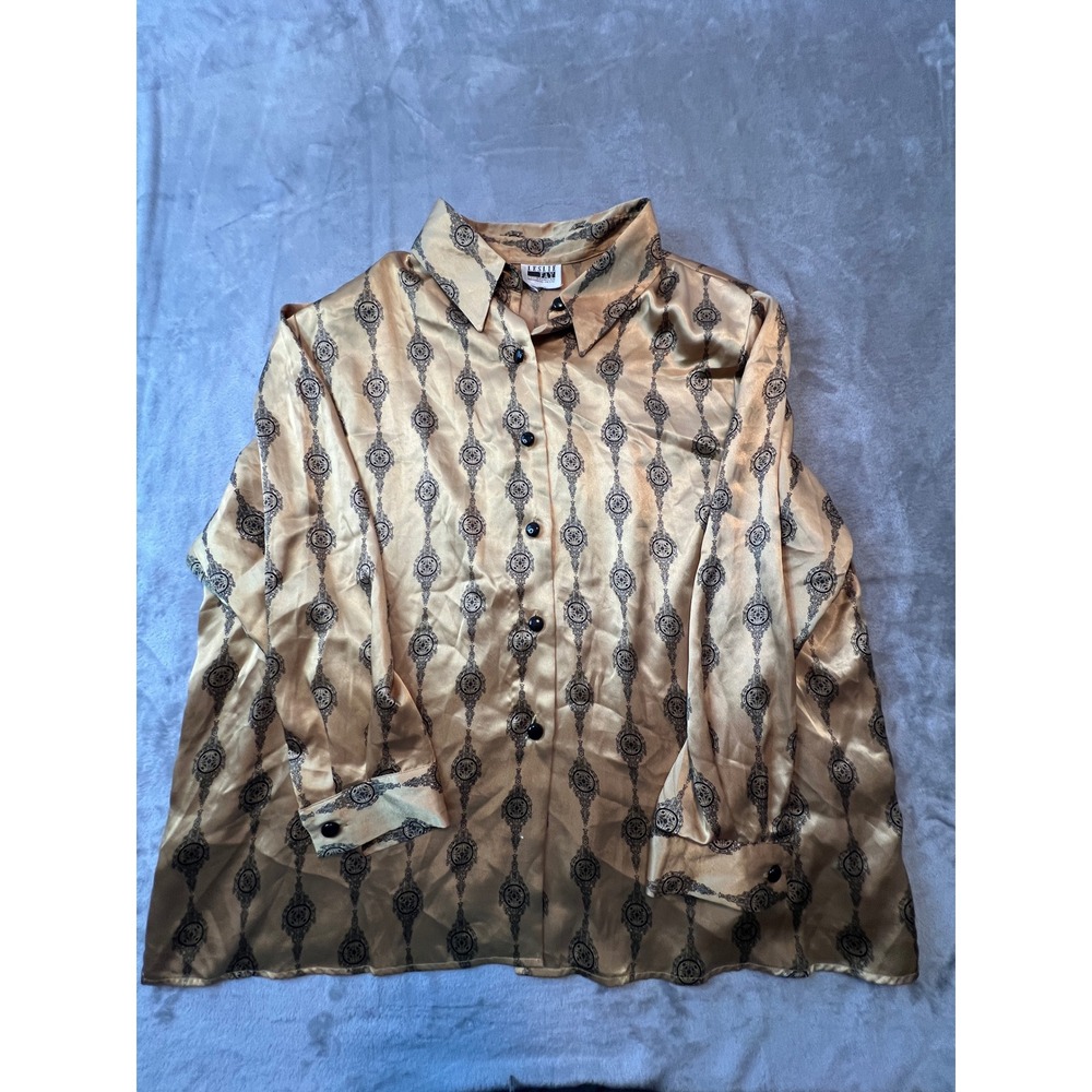 Leslie Fay Button Up Shirt Womens 11 Gold Satin Medallion Print Petite